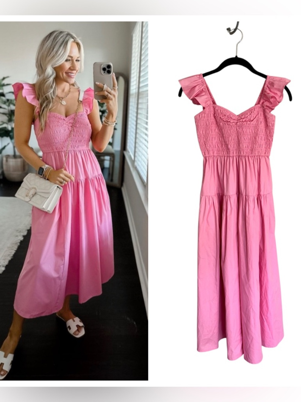 Abercrombie & Fitch smocked ruffle strap midi dress bubblegum pink coquette XSP